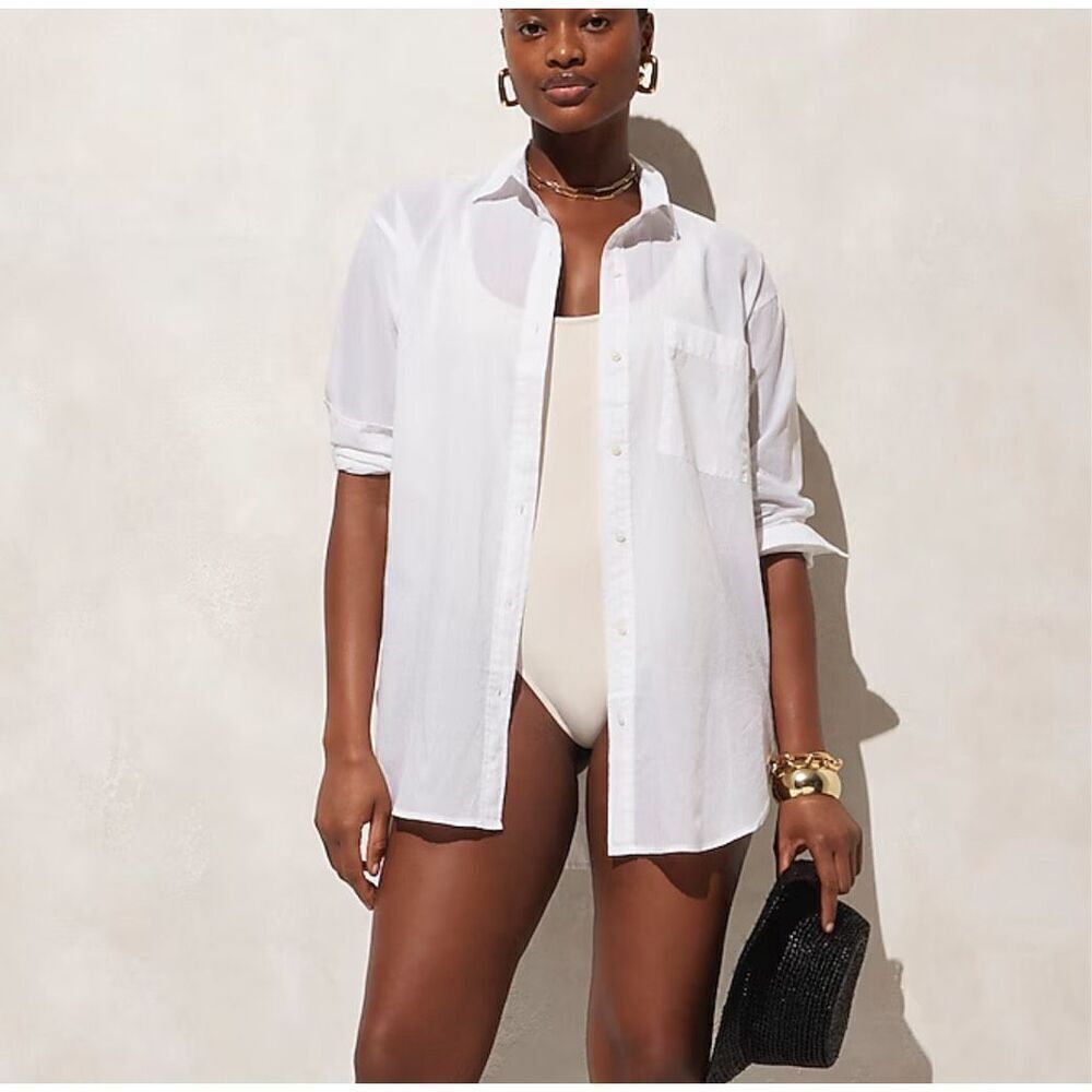 NWT J.Crew Womens White Button-up Cotton Voile Beach Shirt XS